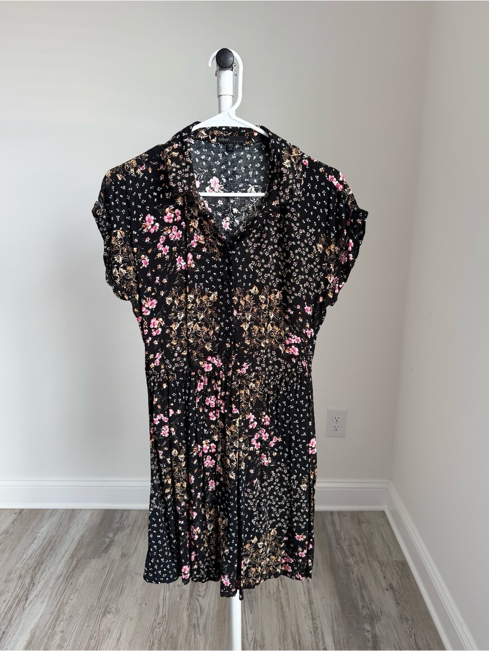 Floral Button-Front Black Dress with Pink & Gold Accents
